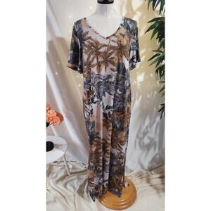 Colleen Lopez EveryWear Tropical Palm Tree V-Neck Maxi Dress Sz M Pocket Island